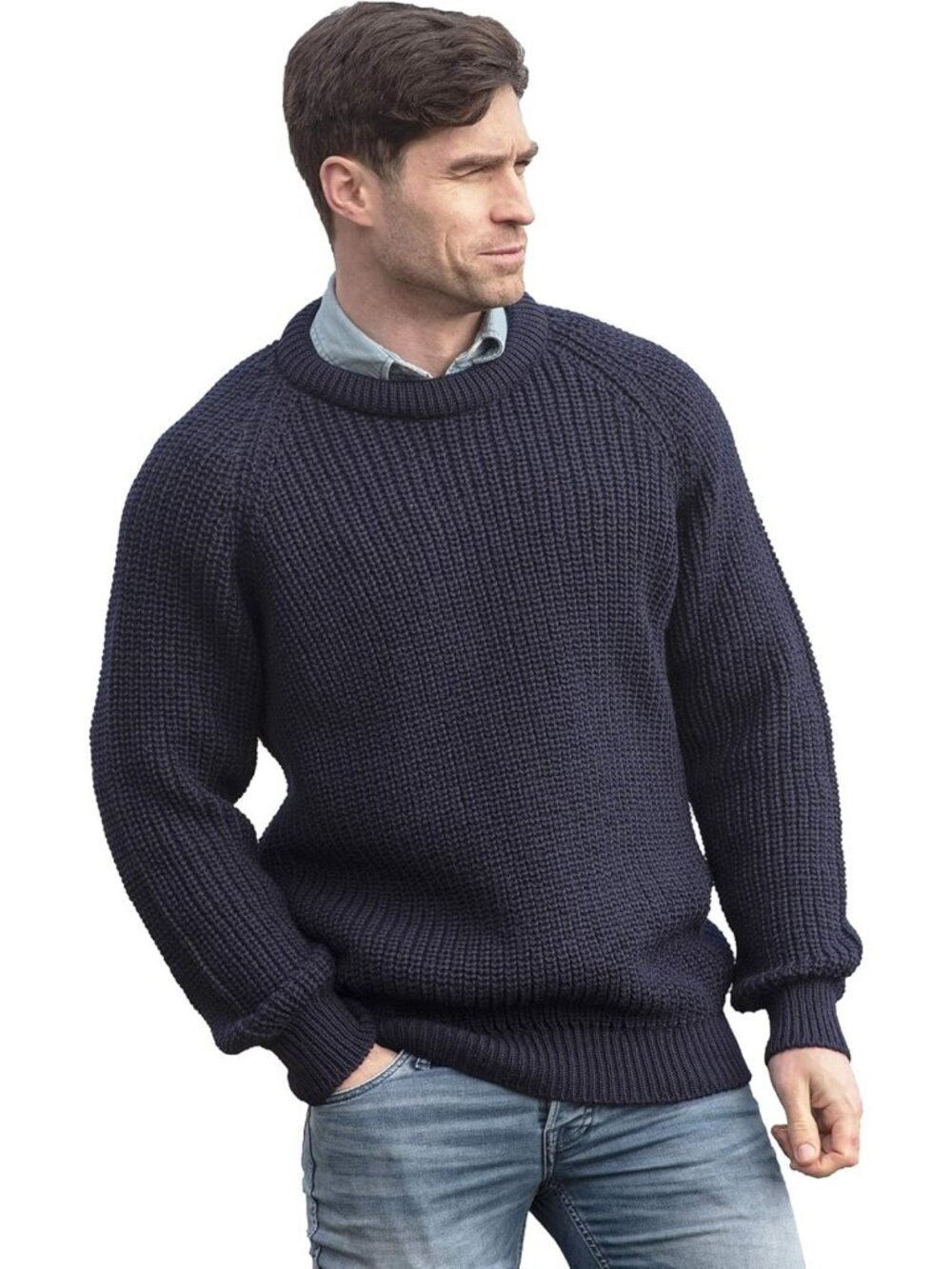 Cozy Men's Irish Fisherman Rib Crew Neck Sweater - 100% Pure Wool Knit